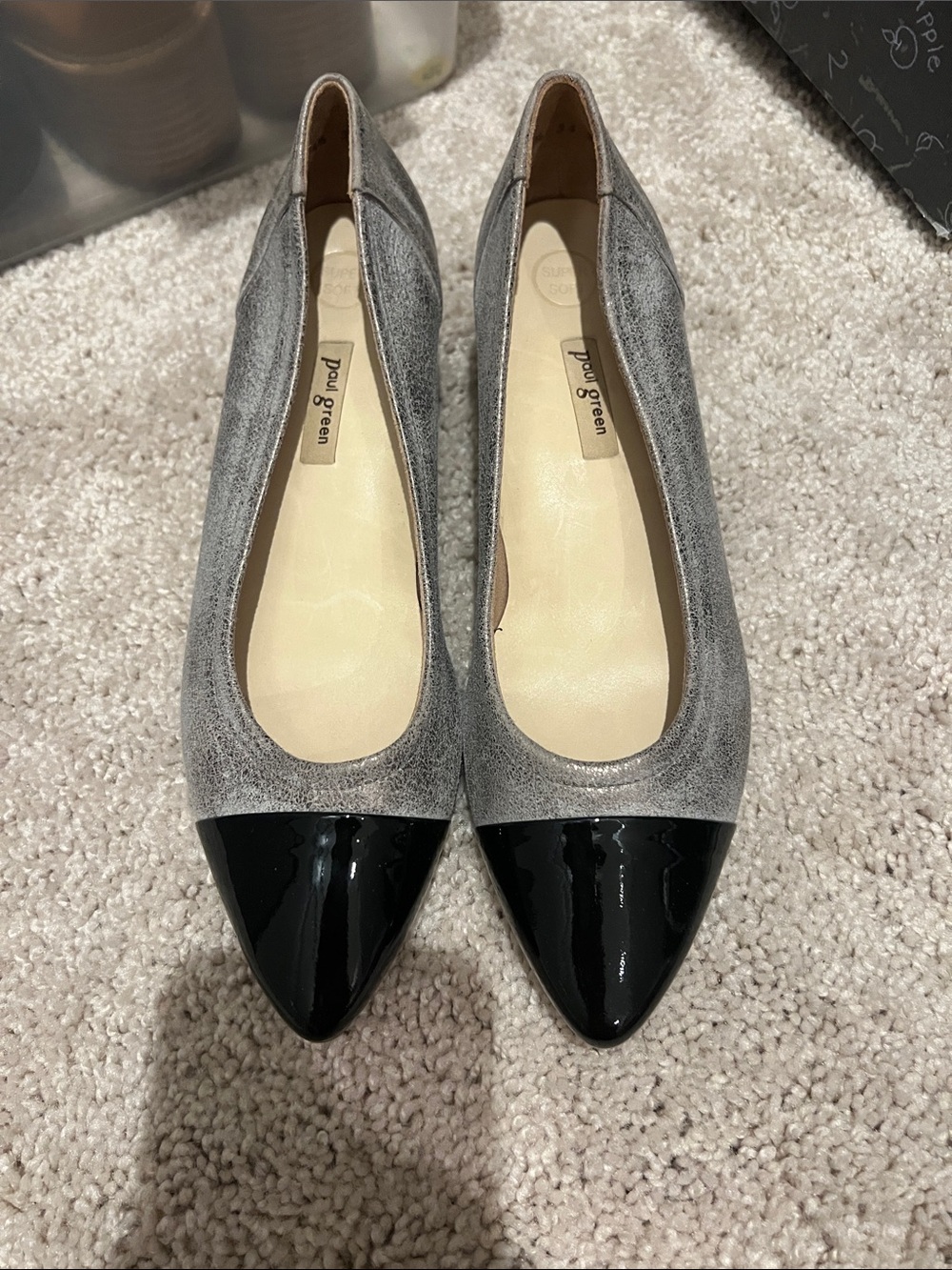 Paul Green Gray Suede Pointed Flats with Black Patent Cap Toe